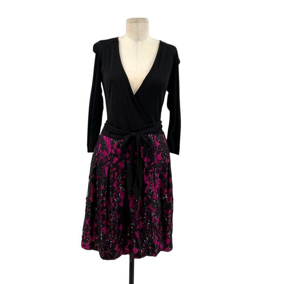 Diane Von Furstenberg Jewel Wrap‎ Dress Floral Embroidered Black Pink Size 8 - Picture 2 of 12